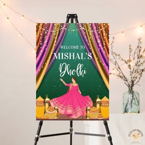 Curtain Lights Dholki Welcome Sign, Mehndi Welcome Sign, Hand Drawn Image of Bride, Mehndi Night Sign, Dholki Sign, Green and Pink Dholki