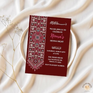 Invitación de henna de tira de Tatreez granate, invitación a la noche de henna árabe, invitación tradicional palestina de henna Tatreez, tarjeta de celebración de henna