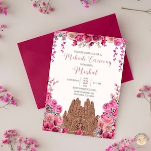 Rosa Blumen-Mehndi-Einladung, Blumen-Mehndi-Einladung, Henna-Einladung, Dholki-Einladung, Mayoun-Einladung, Haldi-Einladung, digitale Mehndi-Karte