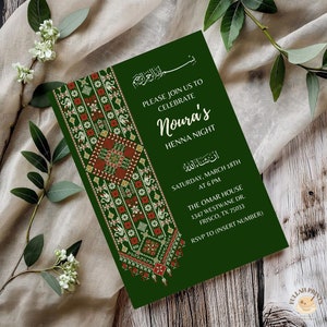 Invitación de henna de tira verde de Tatreez, invitación a la noche de henna árabe, invitación tradicional palestina de henna de Tatreez, tarjeta de noche de henna verde
