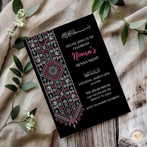 Roze Tatreez Strip Henna uitnodiging, Arabische Henna Night uitnodigen, traditionele Palestijnse Tatreez Henna uitnodiging, zwarte Henna Celebration Card