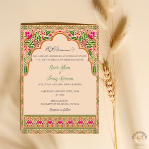 Faire-part de Nikkah coloré d'inspiration moghole, modèle de faire-part de mariage islamique, faire-part numérique, Nikkah arqué, inviter Shaadi