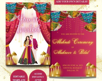 Invitación colorida de mehndi: Plantilla editable de dos tarjetas (descarga digital)