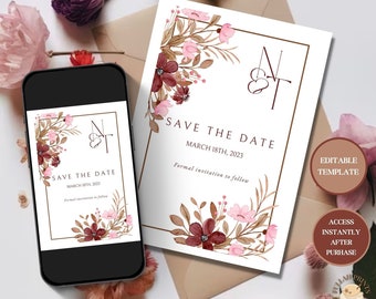 May include: A printable save the date card with a floral design in shades of pink, brown, and burgundy. The card features the initials "N & T" and the text "Save the Date" with the date "March 18th, 2023".