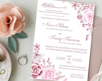 Pink Floral Islamic Wedding Invitation Template (Digital Download)