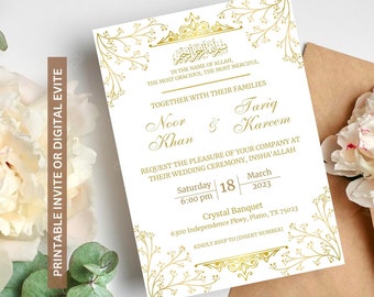 White and Gold Islamic Wedding Invitation, Editable Template, White and Gold Nikkah Invitation,  Elegant Islamic Wedding Invitation Template