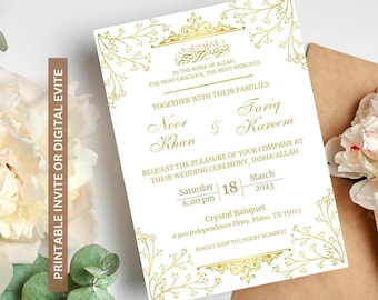 May include: Gold wedding invitation with a floral design. The invitation reads "In the name of Allah, the most gracious, the most merciful."  It also includes the names "Noor Khan & Tariq Kareem" and the date "Saturday, March 18, 2023".