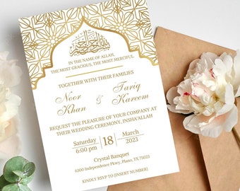 White and Gold Islamic Wedding Invitation, Elegant Islamic Wedding Invitation Template, White and Gold Nikkah Invitation, Editable Template