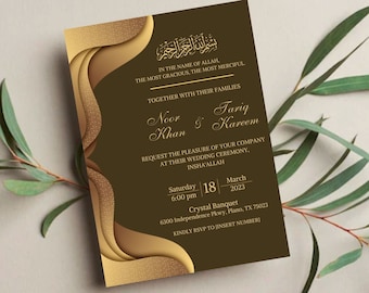 May include: A brown and gold wedding invitation with a decorative border. The invitation features the names "Noor Khan" and "Tariq Kareem" and the date "Saturday, March 18, 2023". The invitation also includes the text "IN THE NAME OF ALLAH, THE MOST GRACIOUS, THE MOST MERCIFUL" and "REQUEST THE PLEASURE OF YOUR COMPANY AT THEIR WEDDING CEREMONY, INSHA'ALLAH".