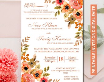 May include: A floral wedding invitation with a peach and orange color scheme. The invitation features the names "Noor Khan" and "Tariq Kareem" and details for their wedding ceremony. The text reads "In the name of Allah, the most gracious, the most merciful. Together with their families, Noor Khan, daughter of Mr. & Mrs. Shahid Khan and Tariq Kareem, son of Mr. & Mrs. Abdul Kareem, request the pleasure of your company at their Nikkah ceremony, Insha'Allah. Saturday, March 18, 2023, 6:00 pm. Crystal Banquet, 6300 Independence Pkwy, Plano, TX 75023. Kindly RSVP to [Insert Number]."