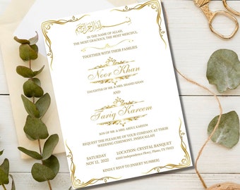 Puede incluir: Una invitación de boda dorada con un borde adornado. La invitación anuncia la boda de Noor Khan y Tariq Kareem, con la fecha y la ubicación de la ceremonia. El texto incluye la frase "En el nombre de Alá, el más misericordioso, el más compasivo."