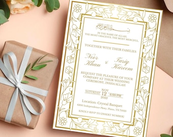 May include: Gold wedding invitation with an ornate floral border. The invitation features the names "Noor Khan" and "Farig Kareem" and the date "Saturday, November 12, 2022" at 6:00 PM. The location is "Crystal Banquet" at 6300 Independence Pkwy, Plano, TX 75023.