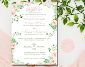 May include: A floral wedding invitation with pink and green watercolor flowers. The invitation is for Noor Khan and Tariq Kareem. The wedding will take place on Saturday, November 12, 2022 at 6:00 PM at the Crystal Banquet in Plano, Texas. The invitation includes the text "بسم الله الرحمن الرحيم" in Arabic.