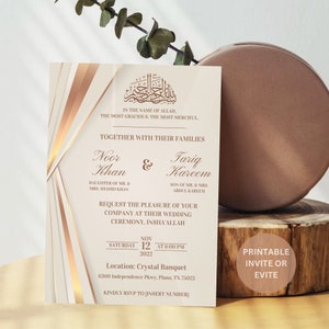 May include: A wedding invitation with a gold and white design. The invitation features the names "Noor Khan" and "Tarig Kareem" and the date "12 November 2022". The invitation also includes the location "Crystal Banquet" and the address "6300 Independence Pkwy, Plano, TX 75023".