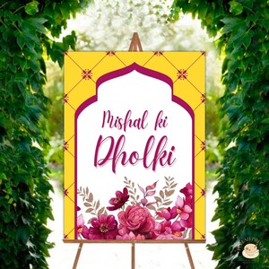 Señal Dholki amarilla y rosa, señal de entrada Dholki, señal de bienvenida Dholki, descarga digital, cartel editable de Dholki, señal de entrada Mehndi