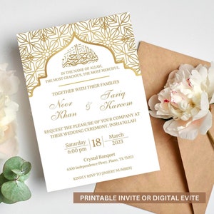 May include: A white wedding invitation with gold ornate detailing and Arabic calligraphy. The invitation includes the names Noor Khan and Tariq Kareem, along with event details. A brown envelope and white flowers are in the background. The text reads "Printable Invite or Digital Evite."