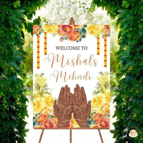 Mehndi Welcome Sign, Yellow and Orange Floral Mehndi Welcome Sign, Henna Sign, Mehndi Entrance Sign, Digital Download