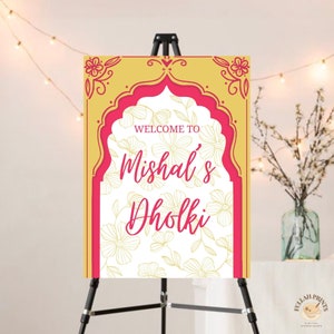 Signo de bienvenida de Dholki rosa y amarillo, signo de bienvenida de Mayoun, signo de Haldi, signo de Mehndi, signo de entrada floral de Dholki, signo de Dholki PDF