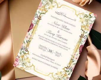 Gold Floral Nikkah Invitation: Elegant Islamic Wedding (Digital Download)