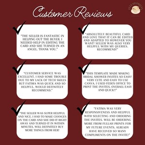 May include: A collage of customer reviews for a printable bridal shower invitation template. The reviews highlight the ease of use, customization options, and the seller's helpfulness. The reviews are displayed in a white box with a checkmark in the top left corner.