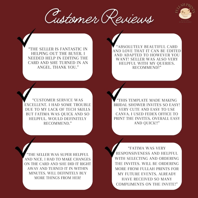 May include: A collage of customer reviews for a printable bridal shower invitation template. The reviews highlight the ease of use, customization options, and the seller's helpfulness. The reviews are displayed in a white box with a checkmark in the top left corner.