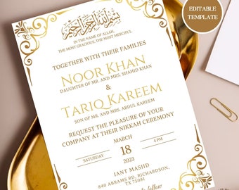 May include: A white wedding invitation with gold calligraphy and decorative flourishes. The invitation includes the names Noor Khan and Tariq Kareem, along with the date and time of the ceremony. The text "Editable Template" is in a gold circle.