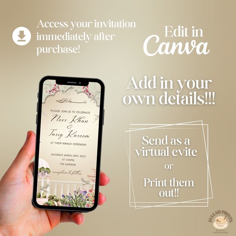 May include: A digital invitation for a wedding ceremony. The invitation features a floral design with a white background and text that reads "Please join us to celebrate Neer Khan & Tarig Kareem at their Nikkah Ceremony Saturday March 18th, 2023 at 3:00pm The Gardens reception to follow".
