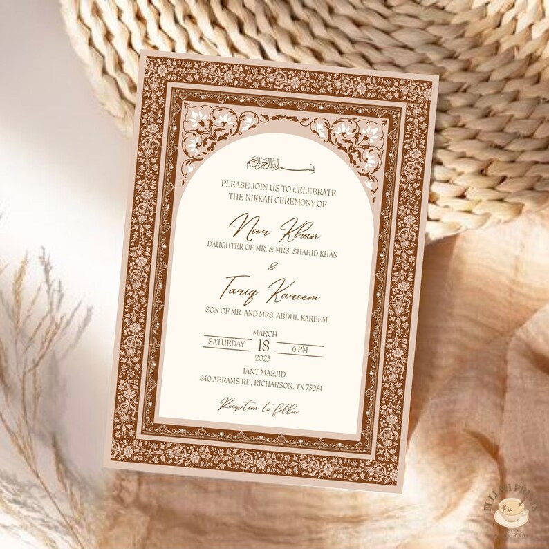 May include: A wedding invitation in beige and brown, featuring floral and archway designs. The invitation includes the names Noor Khan and Tariq Kareem, the date, time, and location of the ceremony.