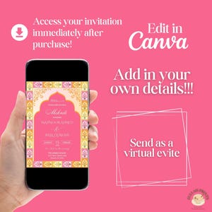 May include: A pink and gold digital invitation for a Mehndi ceremony. The invitation features a traditional archway design with floral patterns and the text "Please join us for a Mehndi Ceremony Honoring Mahnoor Ahmed & Bilal Qureshi Saturday, 15 The Ahmed House"