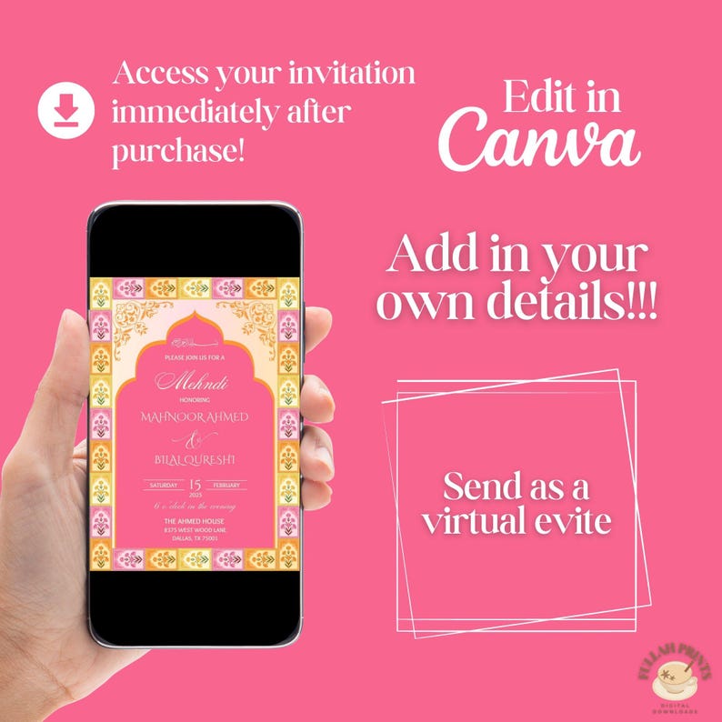May include: A pink and gold digital invitation for a Mehndi ceremony. The invitation features a traditional archway design with floral patterns and the text "Please join us for a Mehndi Ceremony Honoring Mahnoor Ahmed & Bilal Qureshi Saturday, 15 The Ahmed House"