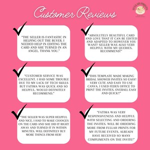 May include: Four customer reviews on a pink background with a checkmark next to each review. The reviews are about a seller's excellent customer service, helpfulness, and the quality of their products. The reviews mention the seller's name, Fatima, and the company name, Fullah Prints.