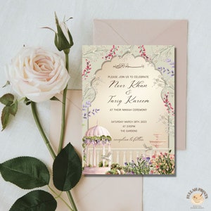 May include: A wedding invitation with a floral design. The invitation is for the wedding of Noor Khan and Tariq Kareem. The wedding will take place on Saturday, March 18th, 2023 at 3:00 PM at The Gardens. The reception will follow.