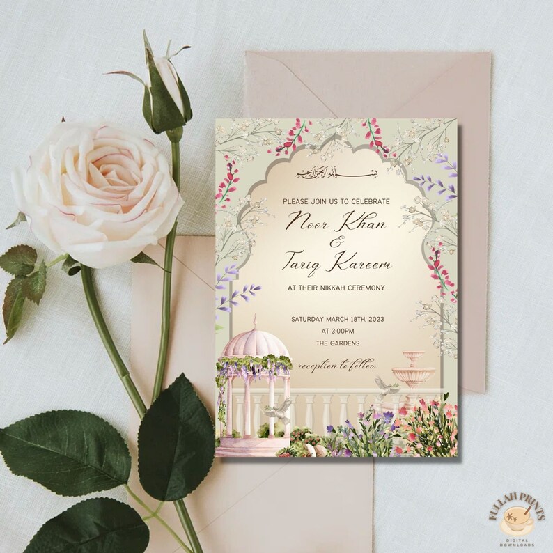 May include: A wedding invitation with a floral design. The invitation is for the wedding of Noor Khan and Tariq Kareem. The wedding will take place on Saturday, March 18th, 2023 at 3:00 PM at The Gardens. The reception will follow.