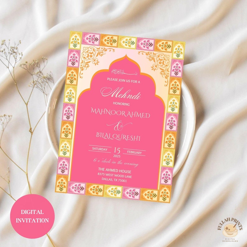May include: A pink and gold digital invitation for a Mehndi ceremony honoring Mahnoor Ahmed and Bilal Qureshi. The invitation features intricate floral designs and a traditional archway. The event is scheduled for Saturday, February 15, 2025, at 6 o'clock in the evening at The Ahmed House, 8375 West Wood Lane, Dallas, TX 75001.