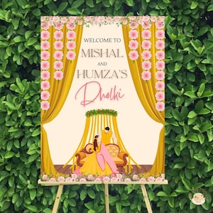 Signo de bienvenida de Dholki rosa y amarillo, signo de Mayoun, ilustración de pareja Desi dibujada a mano, signo de bienvenida de Haldi, tablero de bienvenida tradicional de Dholki