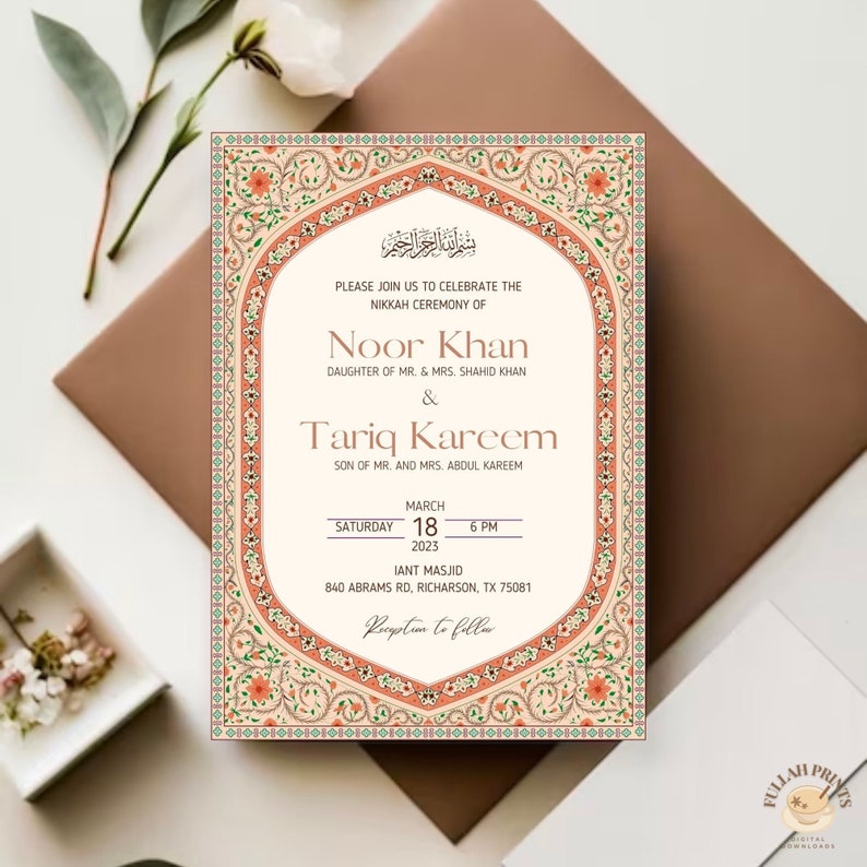 Mughal Nikkah Invitation: Elegant Islamic Wedding Invite (Digital & Editable) image 1