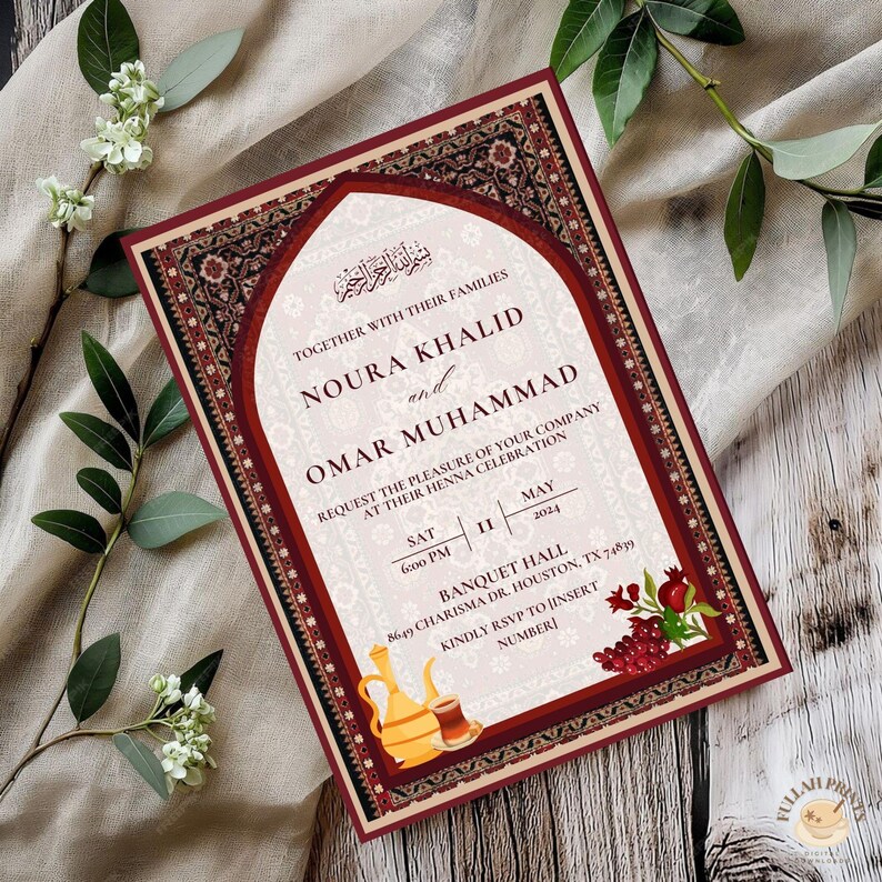May include: A red and gold wedding invitation with an ornate archway design. The invitation is for Noura Khalid and Omar Muhammad's henna celebration on May 11, 2024, at 6:00 PM. The event will be held at the Banquet Hall, 8649 Charisma Dr. Houston, TX 74839. RSVP to the number provided.