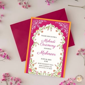Invito Mehndi ad arco floreale, invito Dholki, modello modificabile, Mehndi Evite, invito Mayoun, carta Mehndi rosa e arancione