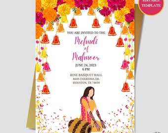 Floral Mehndi Invitation, Dholki Invitation, Editable Template, Mehndi Evite, Colorful Mehndi Invite, Mayoun Invitation