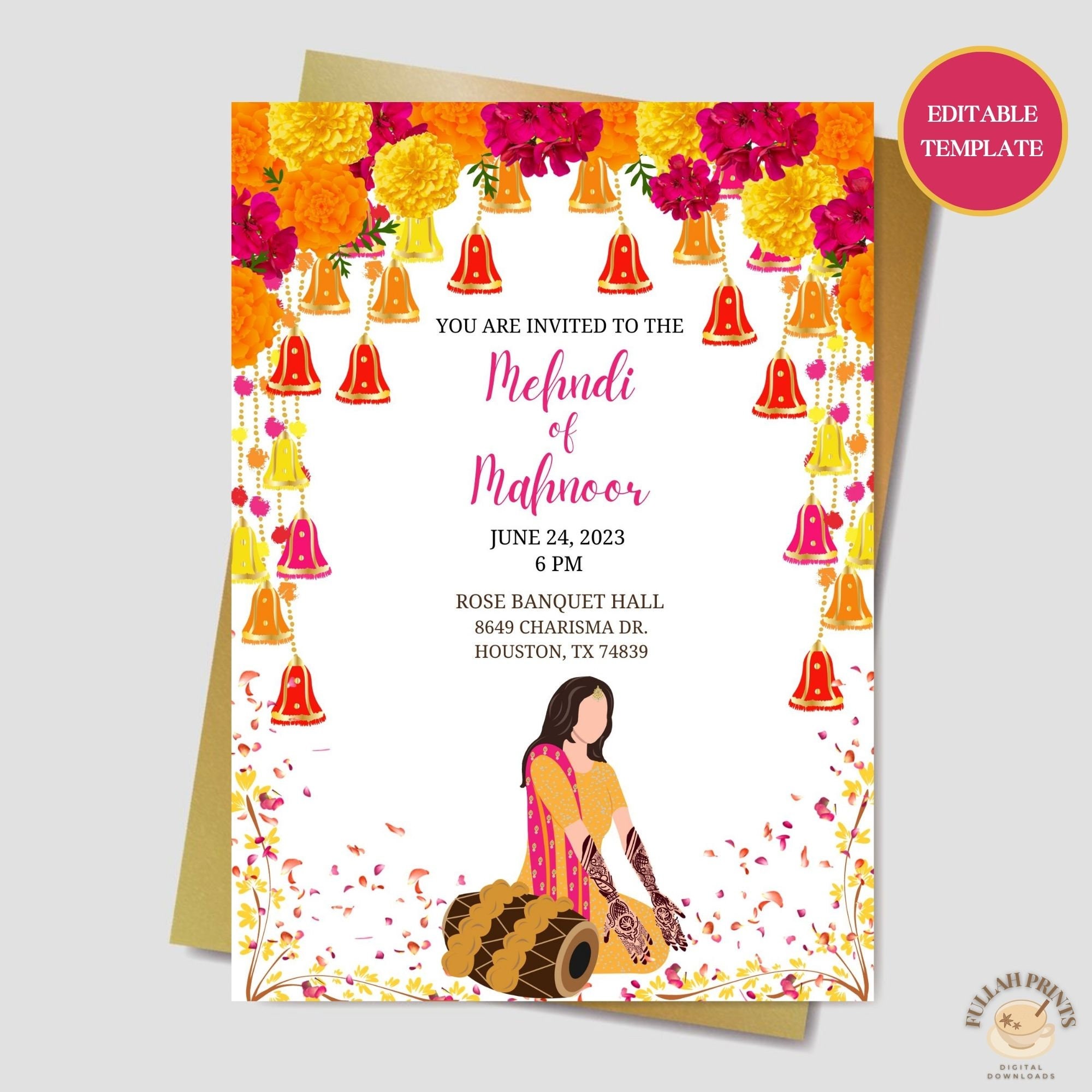 Floral Mehndi Invitation, Dholki Invitation, Editable Template, Mehndi Floral Mehndi Invitation, Dholki Invitation, Editable Template, Mehndi
