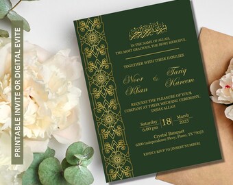 Green and Gold Islamic Wedding Invitation, Editable Template, Green and Gold Islamic Evite, Islamic Wedding Template, Nikkah Invite