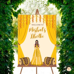 Signo de bienvenida de Marigold Dholki amarillo, signo de bienvenida de Mayoun, signo de Dholki, signo de Mayoun, signo de bienvenida de Haldi, tablero de bienvenida tradicional de Dholki