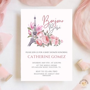Paris Bonjour Bebe-Babyparty-Einladung, Bonjour Bebe-Babyparty, Bonjour Bebe-Thema, Paris-Thema-Babyparty einladen