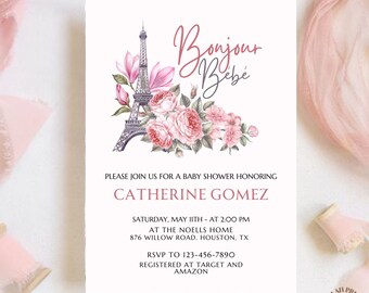 Paris Bonjour Bébé Baby Shower Invitation: Eiffel Tower, Pink Floral (Digital Download)