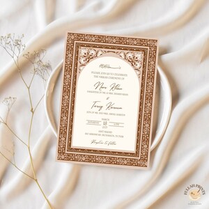May include: A beige invitation card with a brown decorative border. The card announces a Nikah ceremony, featuring the names "Noor Khan" and "Tariq Kareem". The text is in a decorative font, with the date and time of the event.
