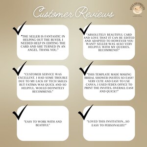 May include: Four customer reviews with check marks next to each review. The reviews are positive and highlight the seller's helpfulness, the quality of the product, and the ease of use. The reviews are: "The seller is fantastic in helping out the buyer. I needed help in editing the card and she turned in an angel. Thank you."