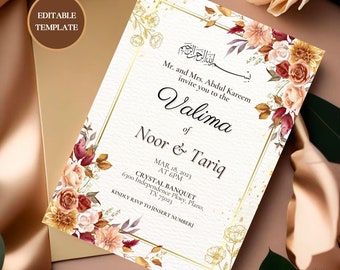 May include: A gold and white wedding invitation with a floral border. The invitation is for a Valima celebration for Noor & Tariq. The event will be held at Crystal Banquet on March 18, 2023 at 6:00 PM. The address is 6300 Independence Pkwy, Plano, TX 75023.