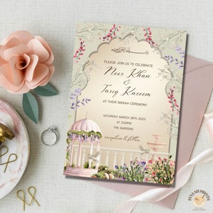 May include: A wedding invitation with a floral design featuring a pink and white gazebo with a couple of birds. The invitation is for the wedding of Neer Khan and Tariq Kareem, taking place on Saturday, March 18th, 2023 at 3:00 PM at The Gardens. The text "reception to follow" is also included.