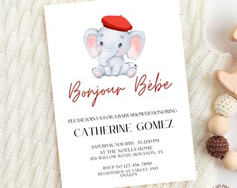 Bonjour Bebe Baby Shower Invitation, Bonjour Bebe Baby Shower, Elephant Bonjour Bebe, Paris Themed Baby Shower Invite