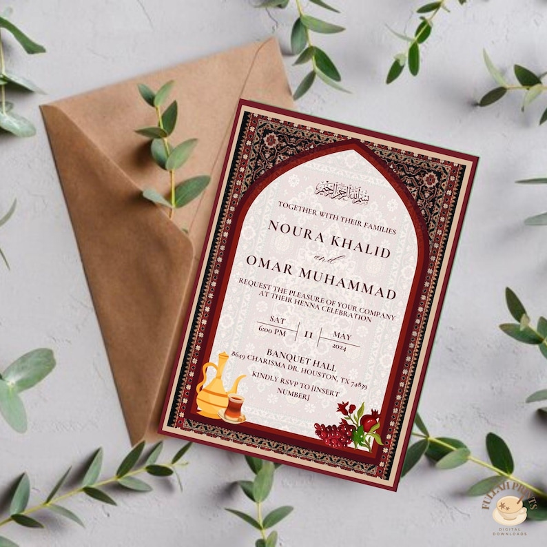 May include: A red and gold wedding invitation with an ornate archway design. The invitation features the names Noura Khalid and Omar Muhammad, along with the date and time of their henna celebration. The text "Together with their families" is also included.